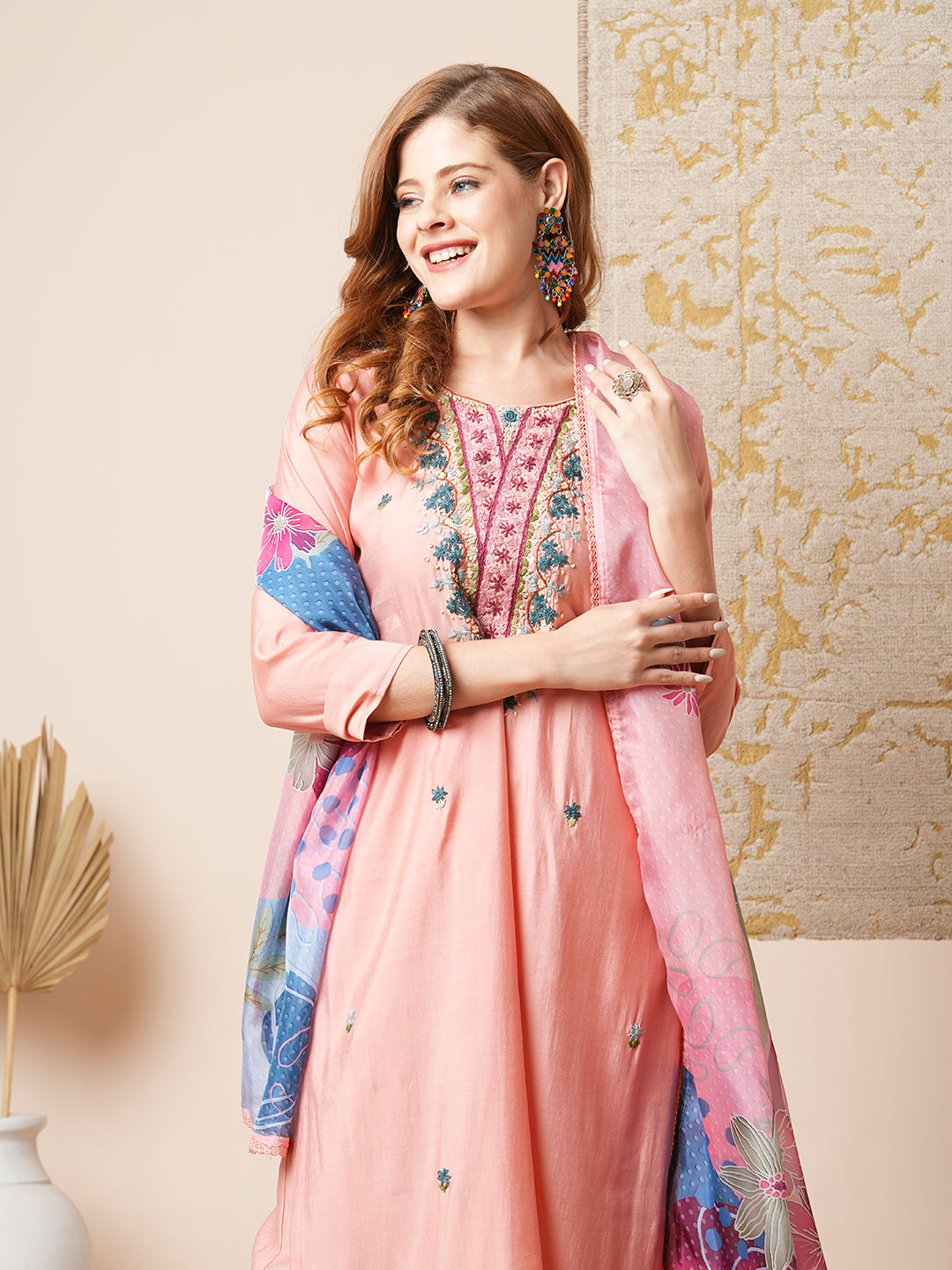 Floral Hand Embroidered Straight Fit Kurta with Pant & Dupatta - Pink