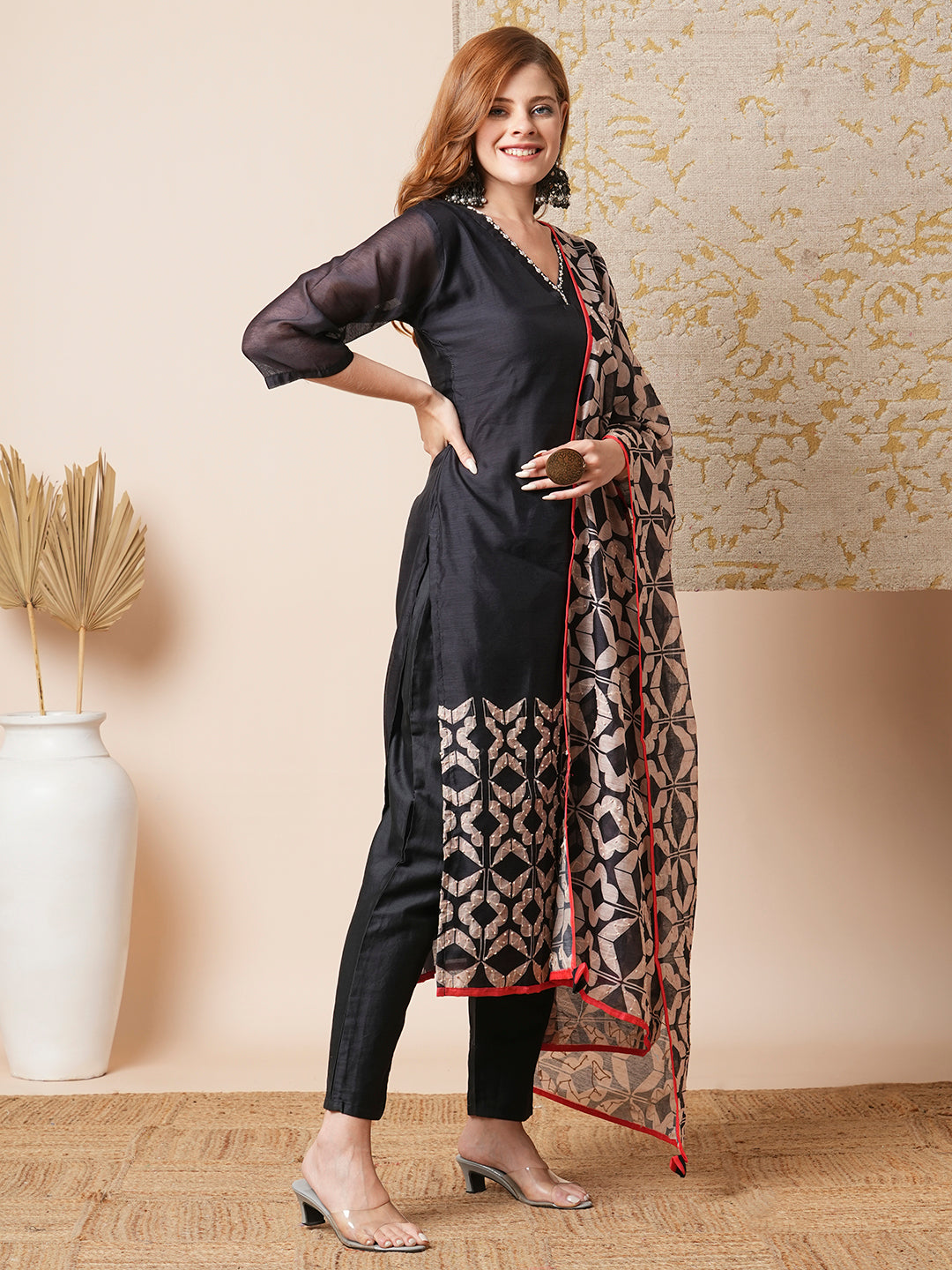 Leaf Printed & Embroidered Straight Kurta with Pant & Dupatta - Black