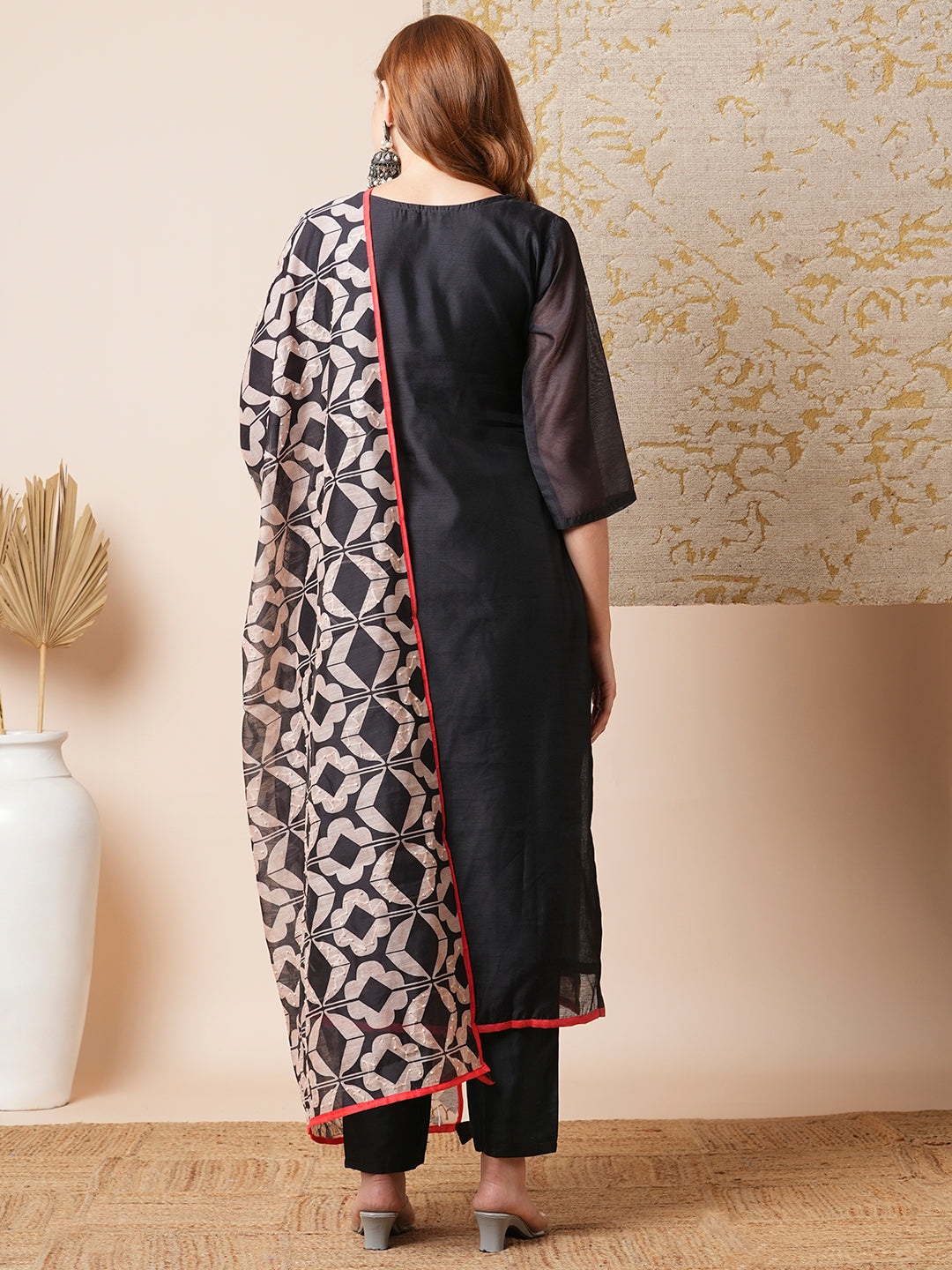 Leaf Printed & Embroidered Straight Kurta with Pant & Dupatta - Black