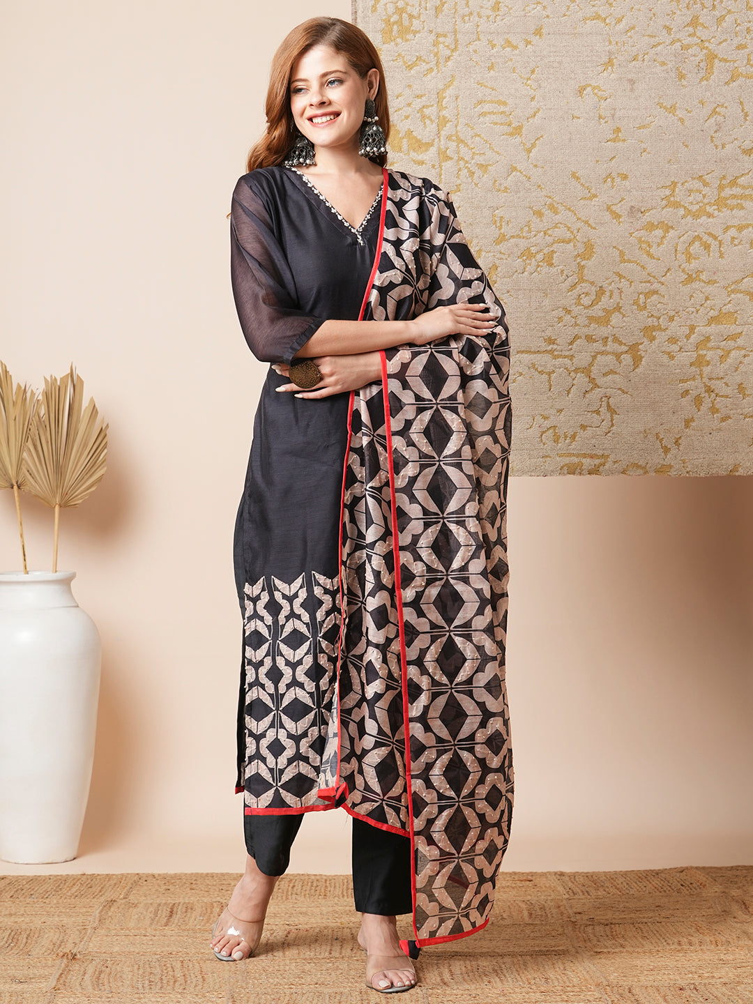 Leaf Printed & Embroidered Straight Kurta with Pant & Dupatta - Black