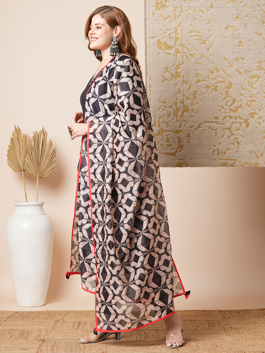 Leaf Printed & Embroidered Straight Kurta with Pant & Dupatta - Black