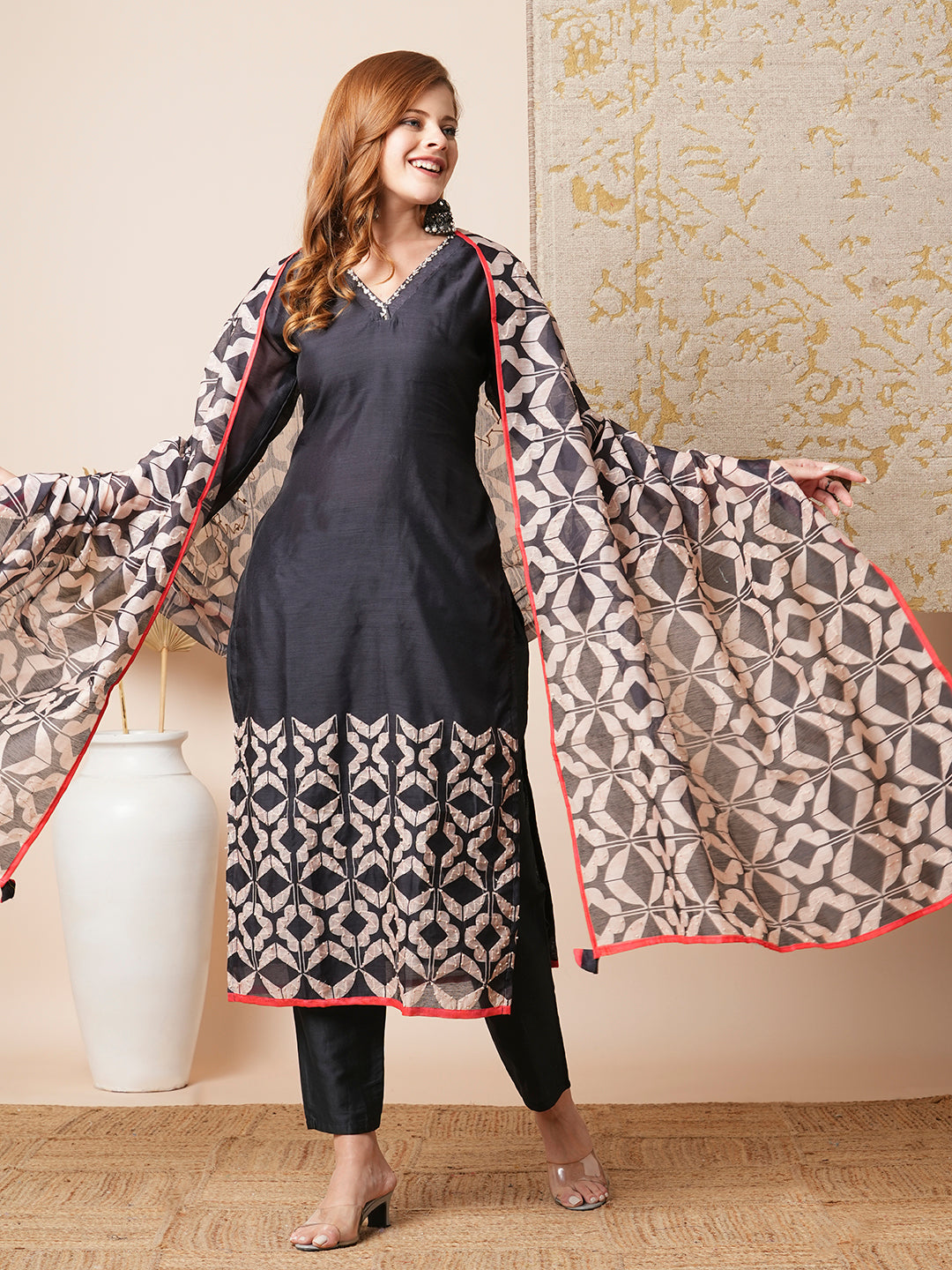 Leaf Printed & Embroidered Straight Kurta with Pant & Dupatta - Black