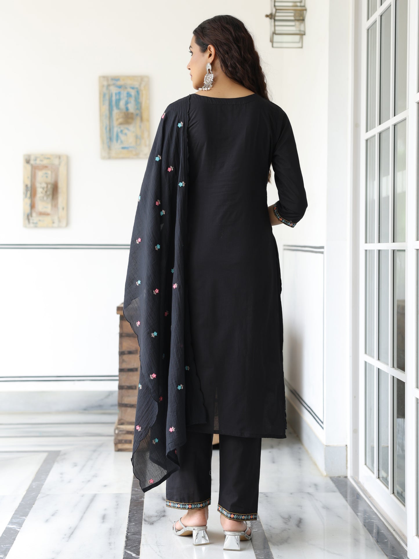 Solid Floral Embroidered Straight Kurta with Pant & Pure Cotton Dupatta - Black