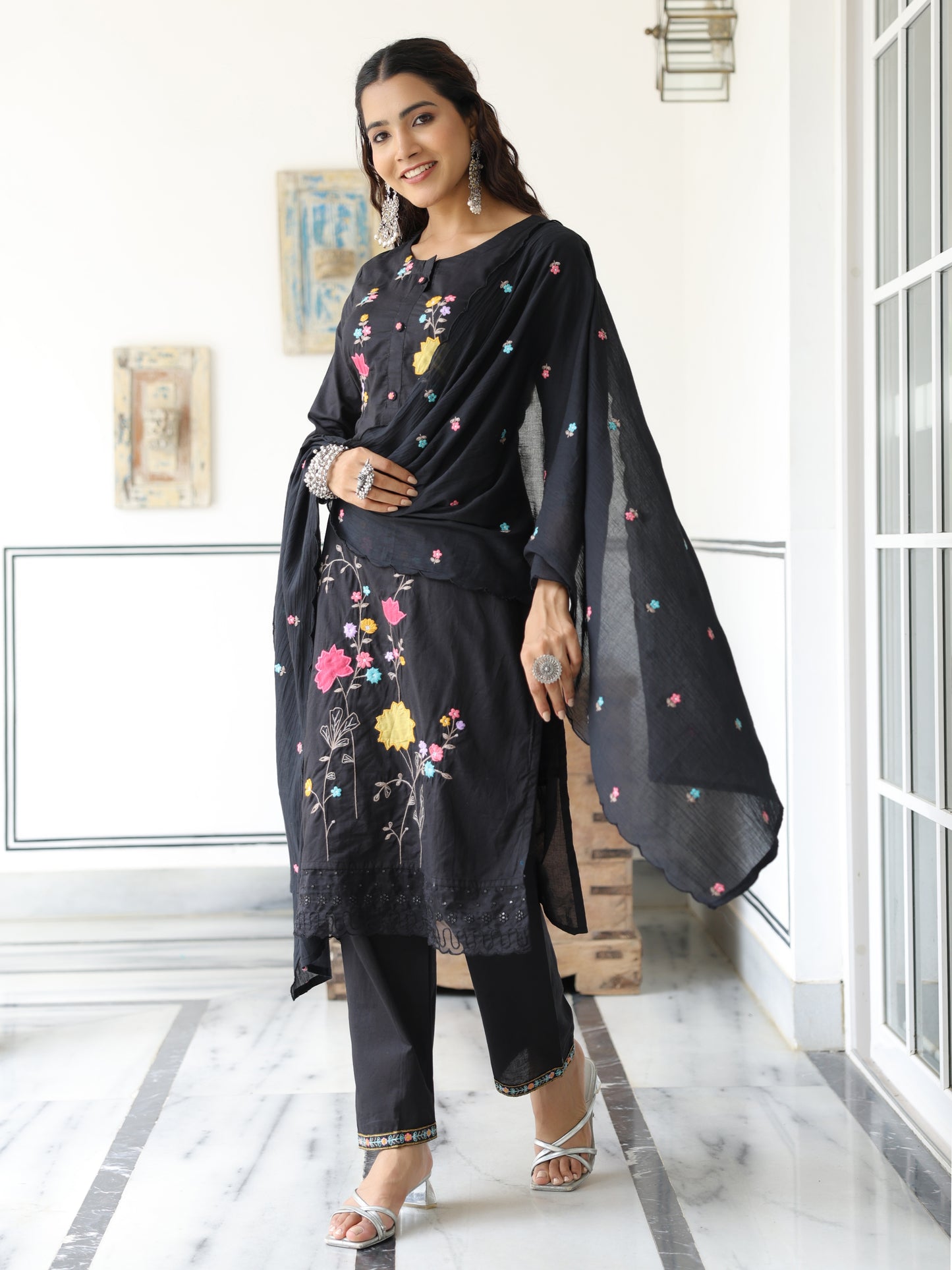 Solid Floral Embroidered Straight Kurta with Pant & Pure Cotton Dupatta - Black