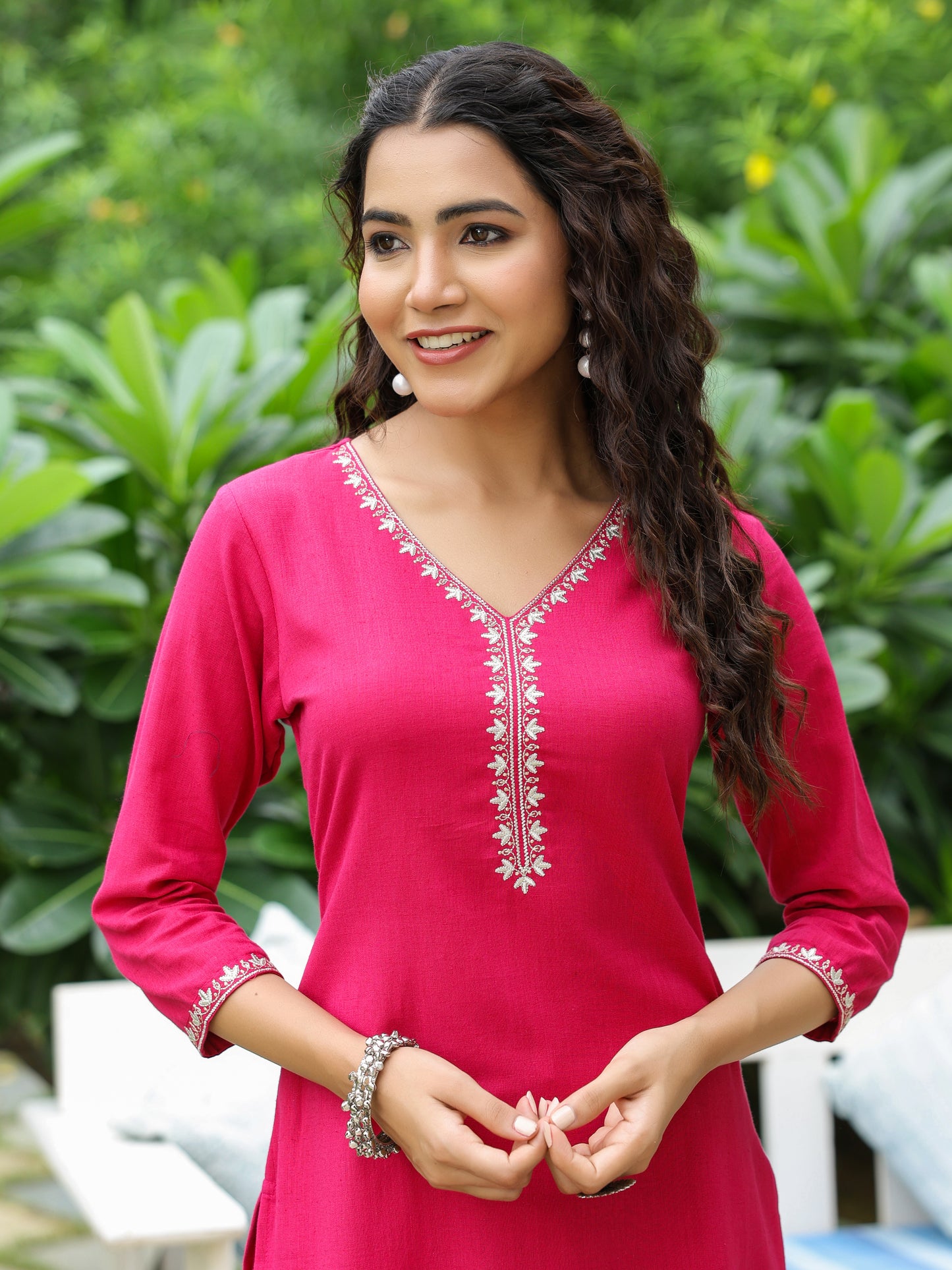 Solid Ethnic Zari Embroidered Straight Fit Kurta with Pant - Purple