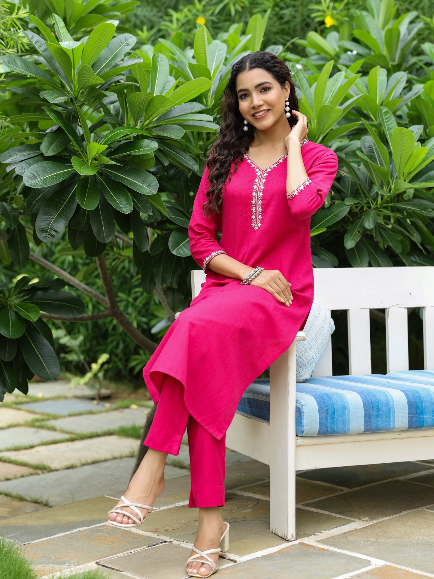 Solid Ethnic Zari Embroidered Straight Fit Kurta with Pant - Purple