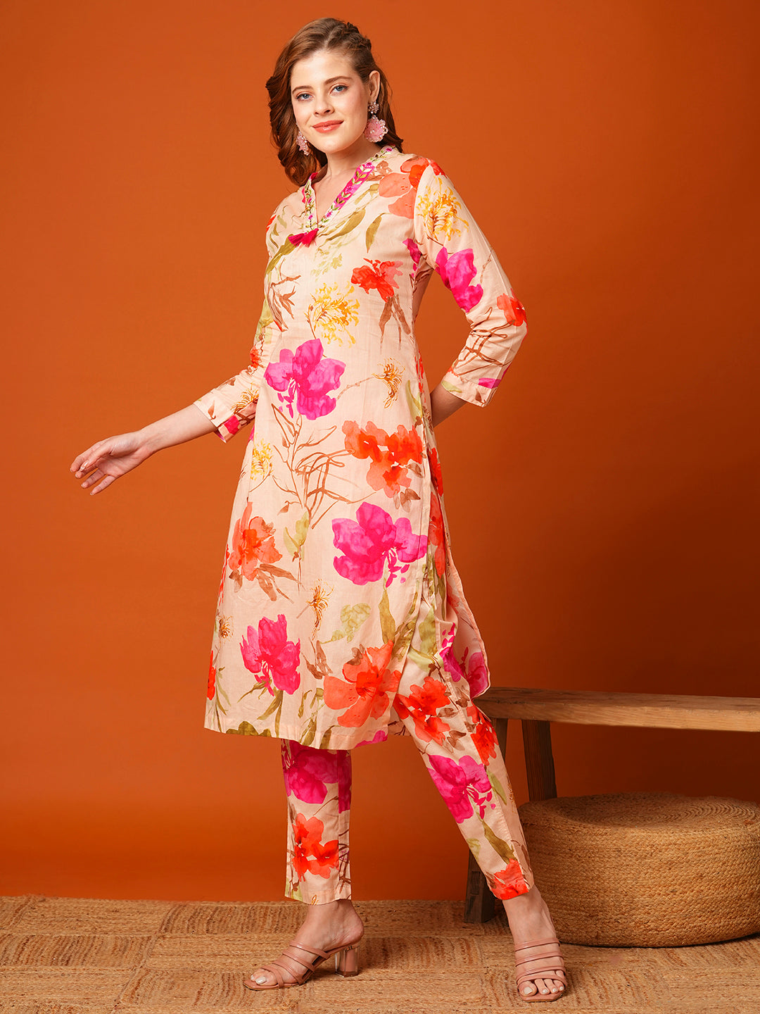 Abstract Floral Printed Embroidered Straight Fit Co-ord Set - Cream