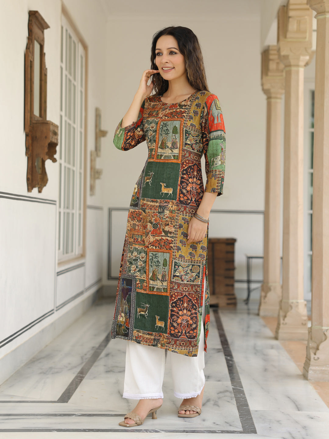 Ethnic Pichwai Printed & Kantha Sequin Embroidered Straight Kurta - Multi