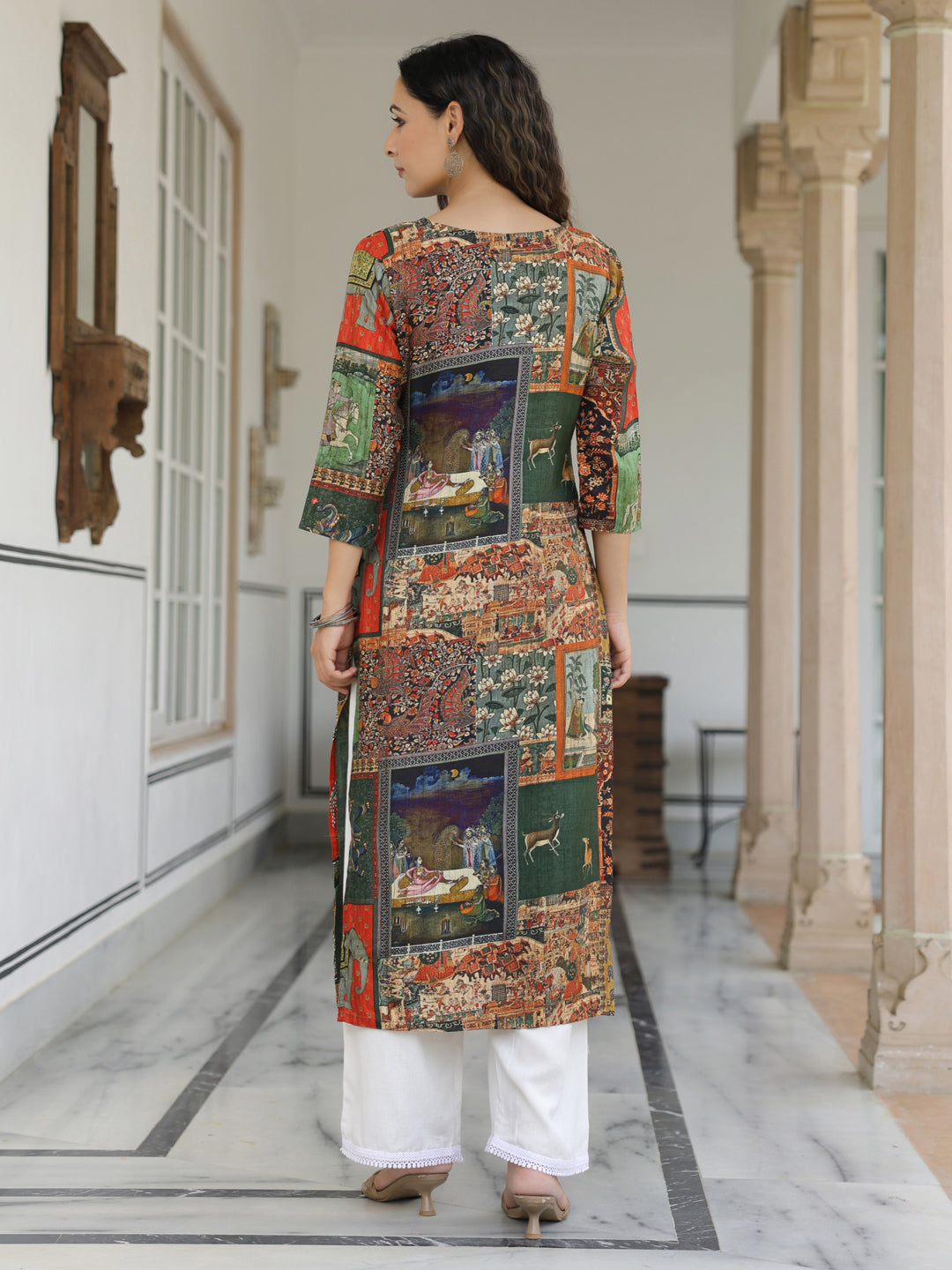 Ethnic Pichwai Printed & Kantha Sequin Embroidered Straight Kurta - Multi