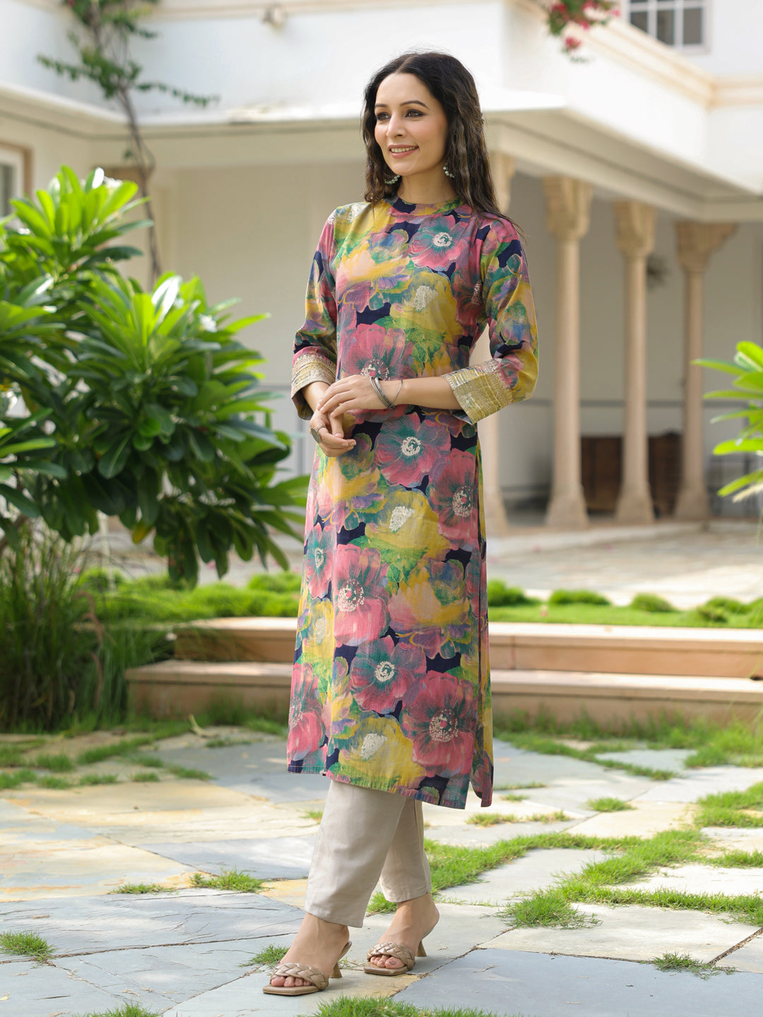 Floral Printed Zari & Sequins Embroidered Kurta - Multi