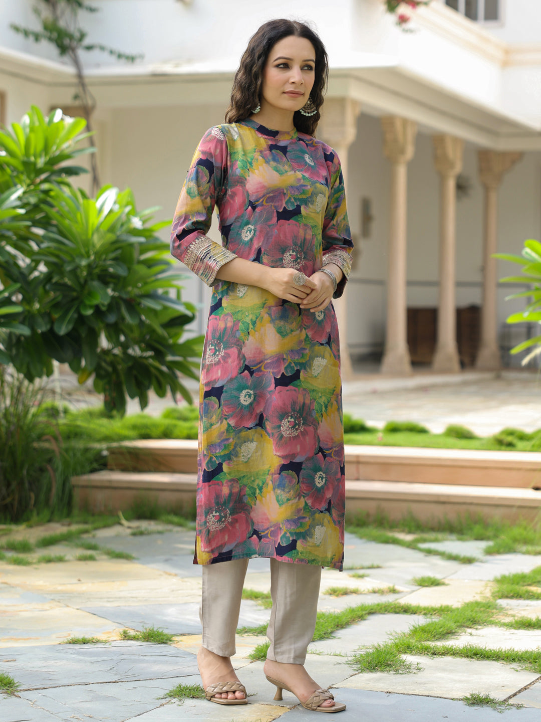 Floral Printed Zari & Sequins Embroidered Kurta - Multi