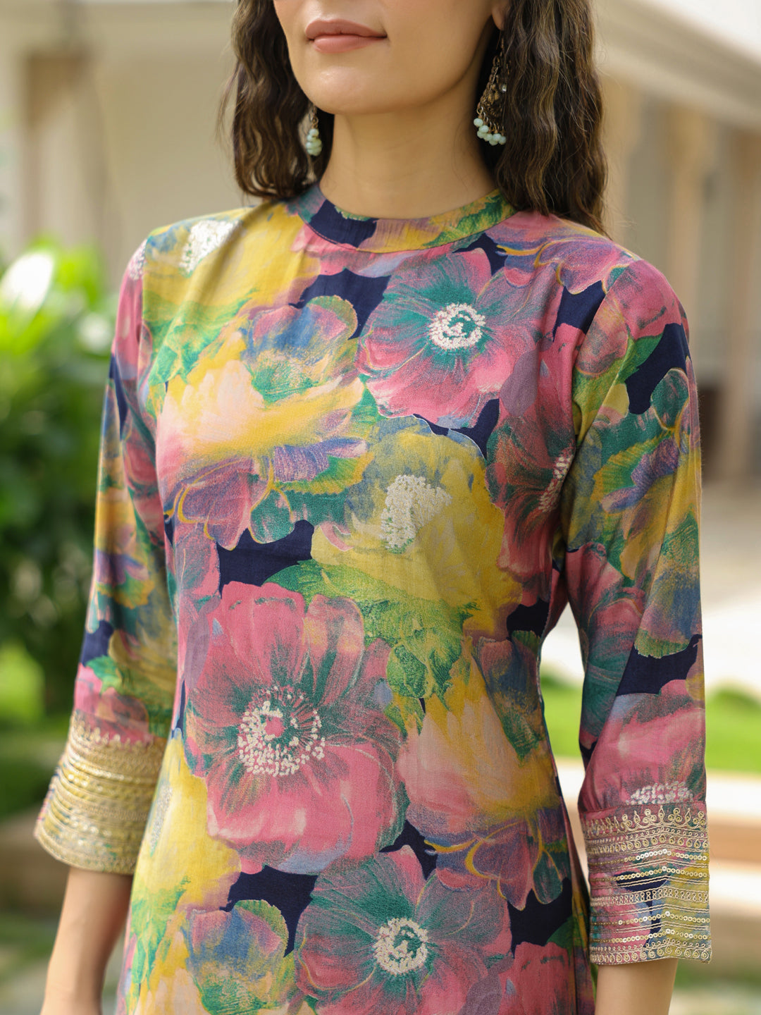 Floral Printed Zari & Sequins Embroidered Kurta - Multi