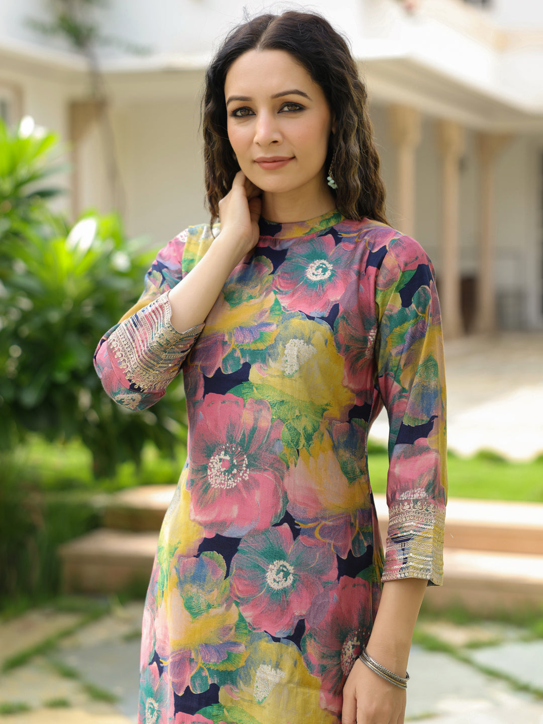 Floral Printed Zari & Sequins Embroidered Kurta - Multi
