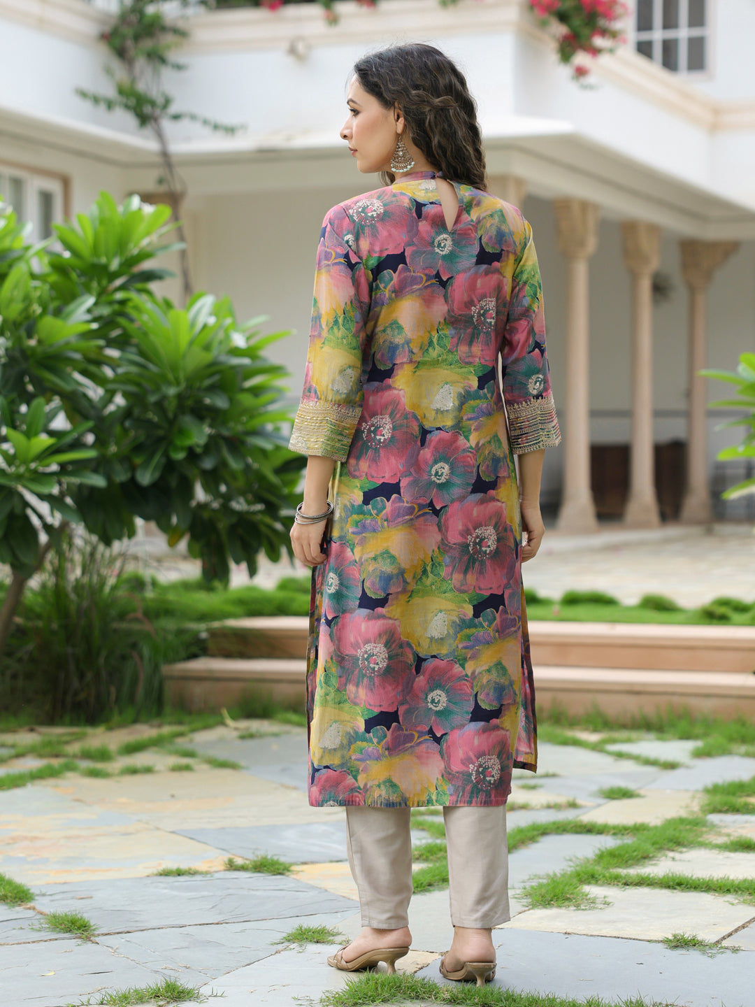 Floral Printed Zari & Sequins Embroidered Kurta - Multi