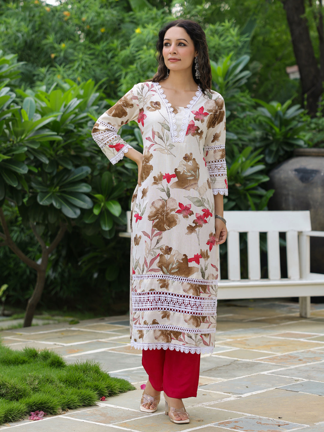 Abstract Floral Printed Straight Fit Kurta - Off White