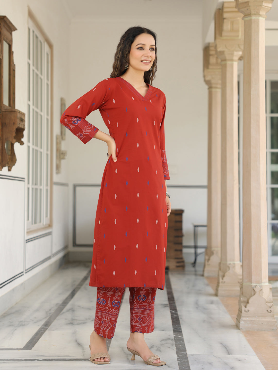 Abstract Printed Resham Top Stitched Kurta with Pants - Maroon