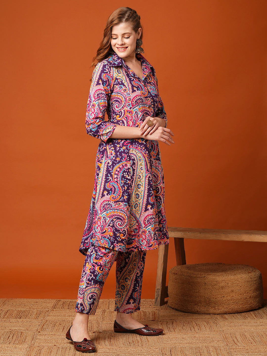 Ethnic Floral Printed A-Line Paneled Co-ord Set - Purple