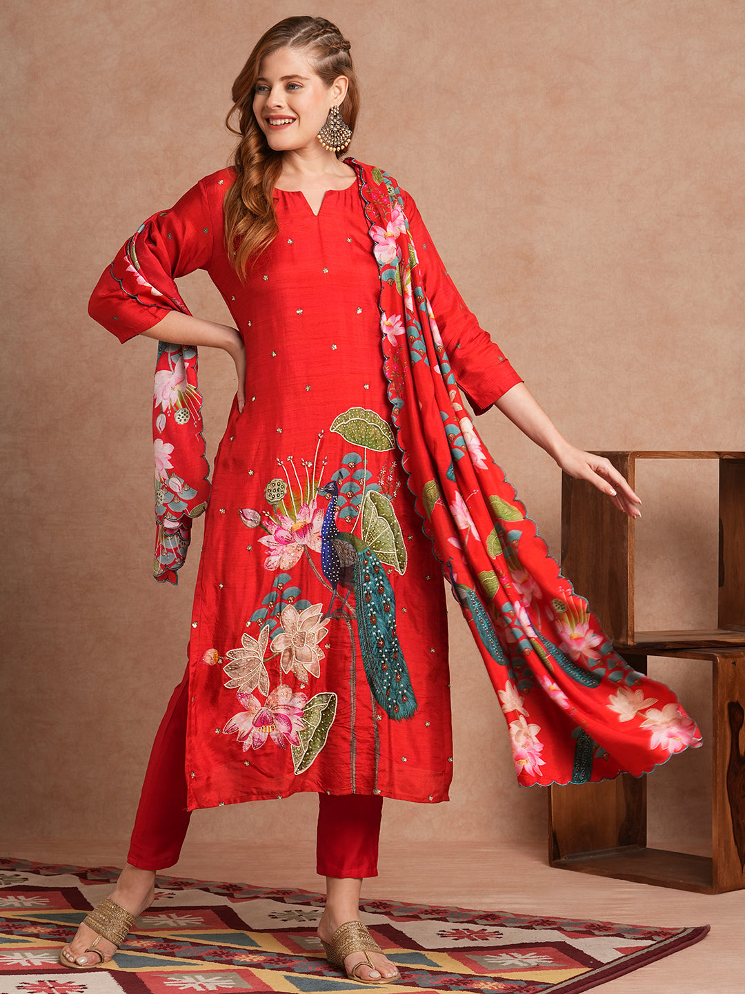 Ethnic Miniature Printed & Hand Embroidered Kurta with Pant & Dupatta - Red