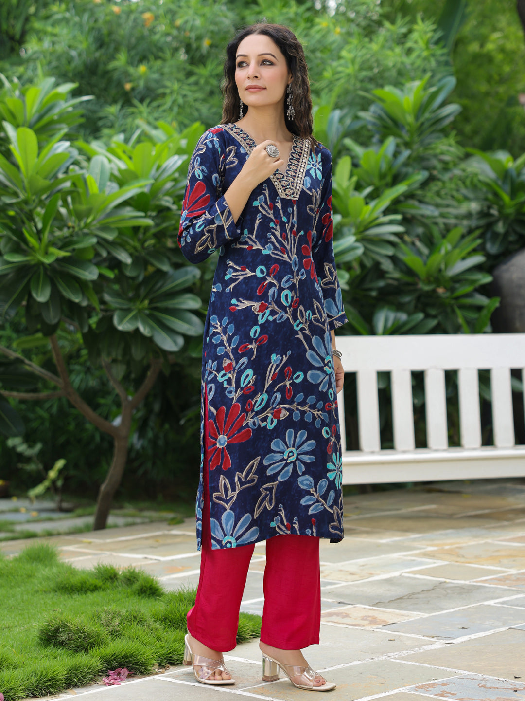 Floral Printed Zari, Sequins & Resham Embroidered Kurta - Navy Blue