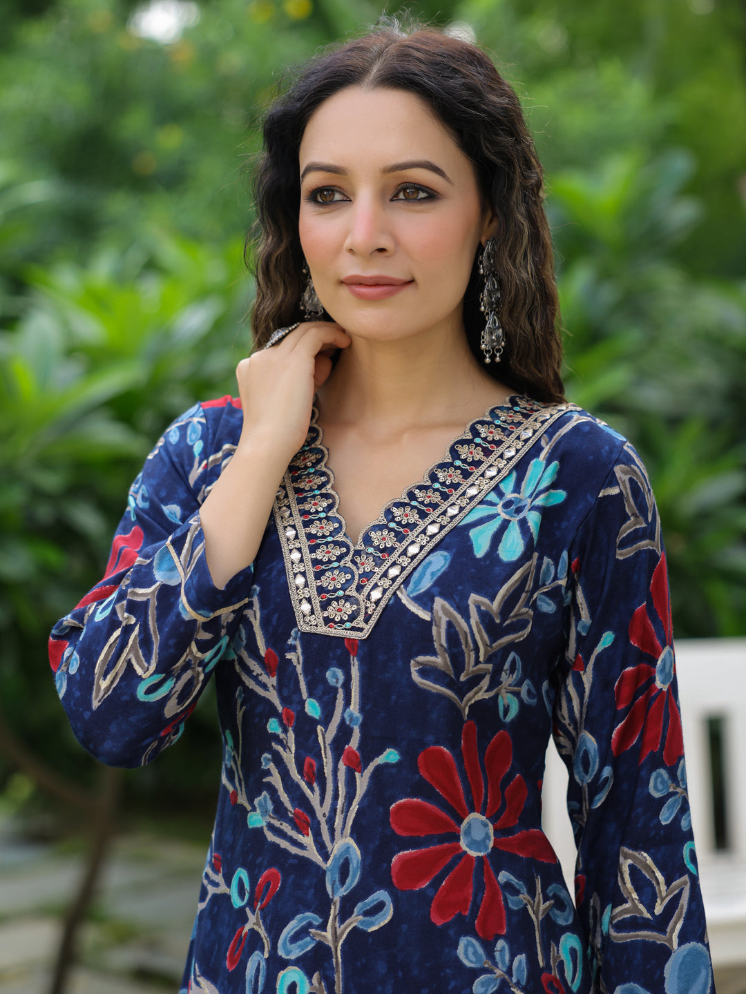 Floral Printed Zari, Sequins & Resham Embroidered Kurta - Navy Blue