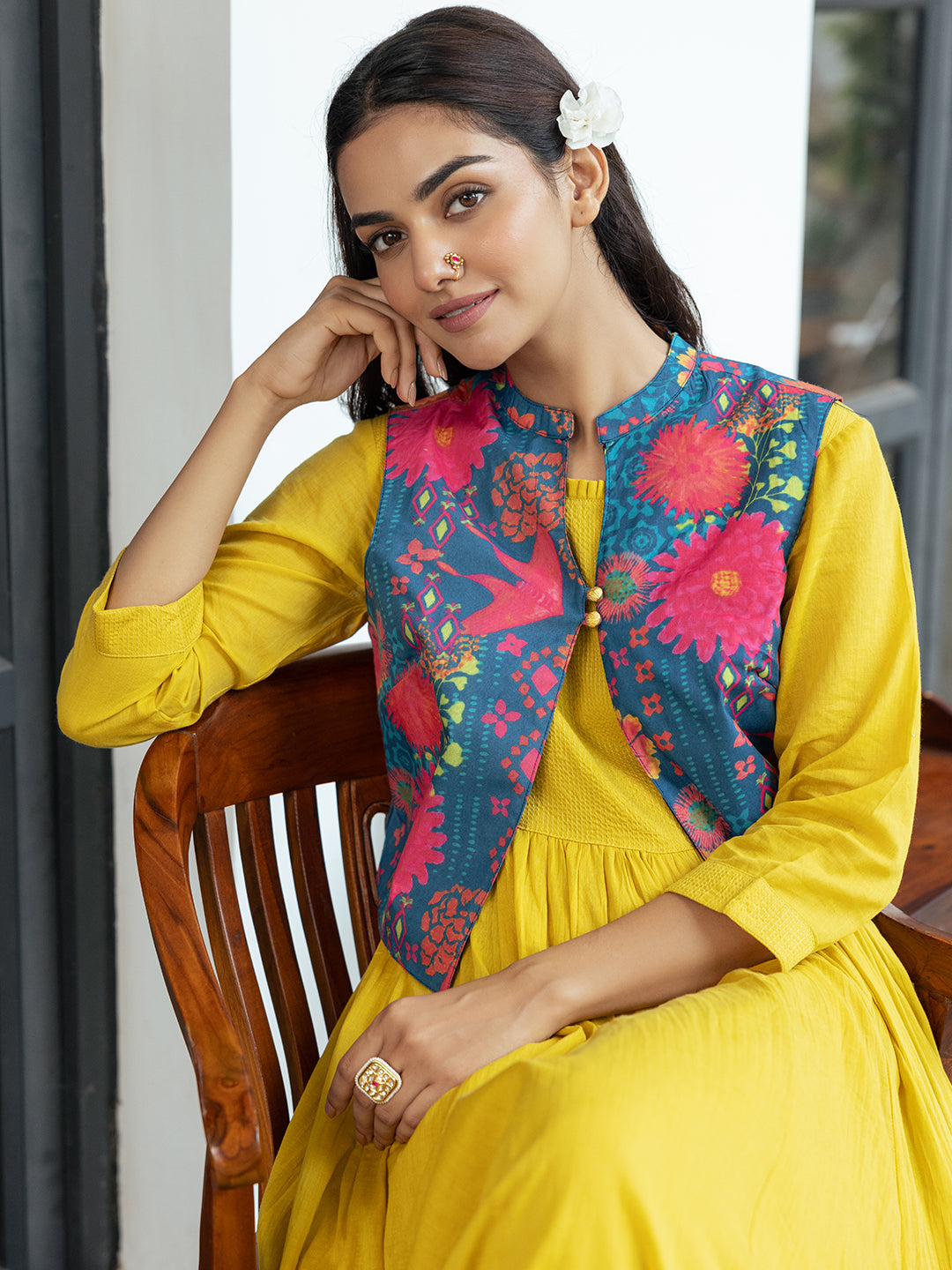 Solid A-Line Pleated Maxi Dress with Floral Printed Short Jacket - Lime Green