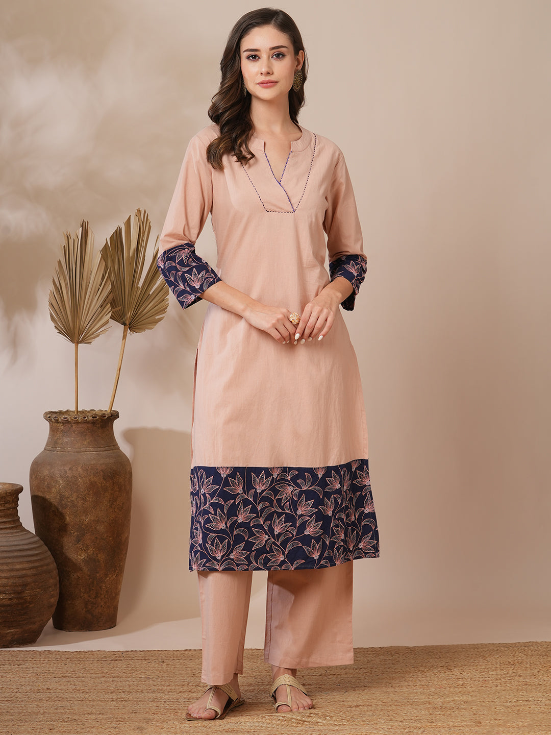 Solid Floral Printed A-Line Fit Co-ord Set - Peach