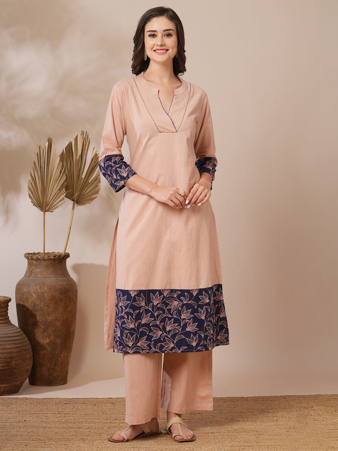 Solid Floral Printed A-Line Fit Co-ord Set - Peach