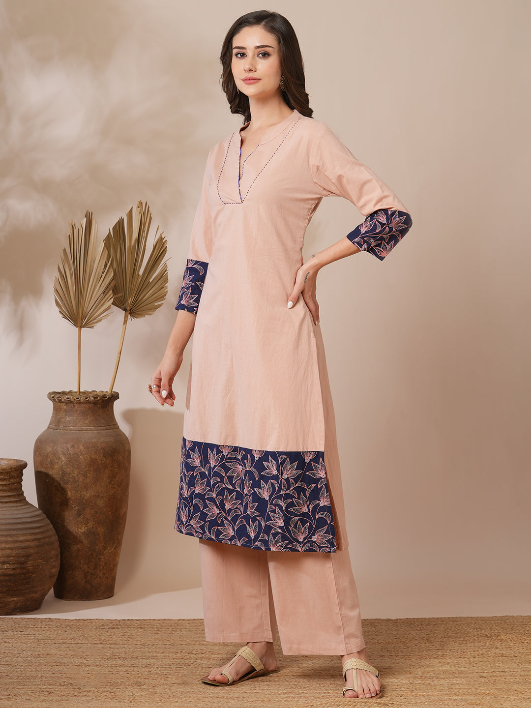 Solid Floral Printed A-Line Fit Co-ord Set - Peach
