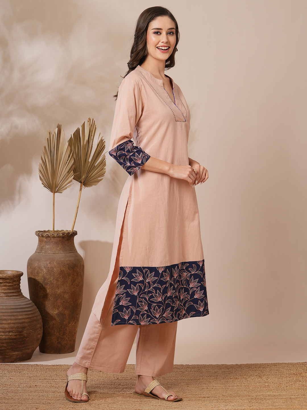 Solid Floral Printed A-Line Fit Co-ord Set - Peach