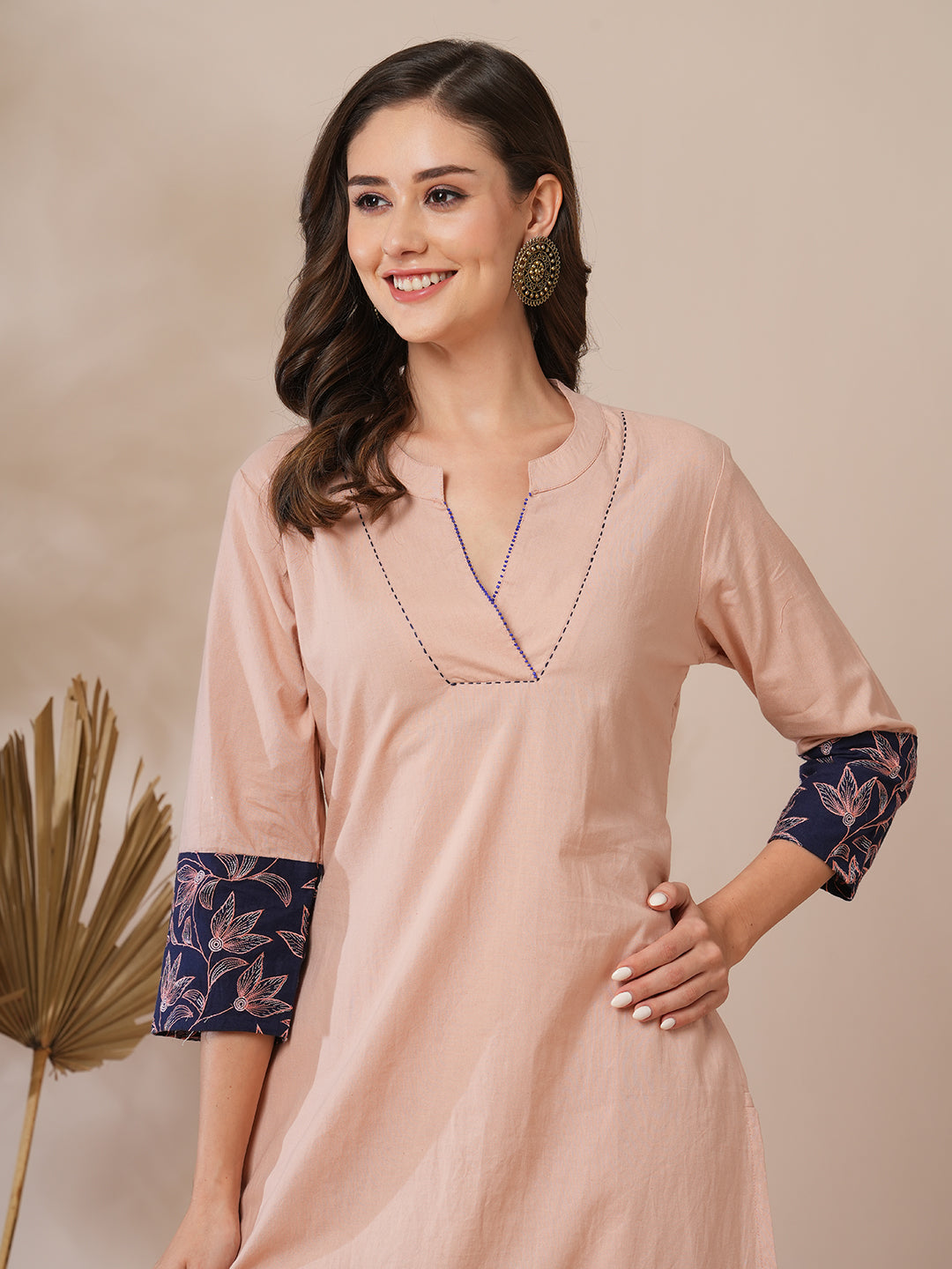 Solid Floral Printed A-Line Fit Co-ord Set - Peach