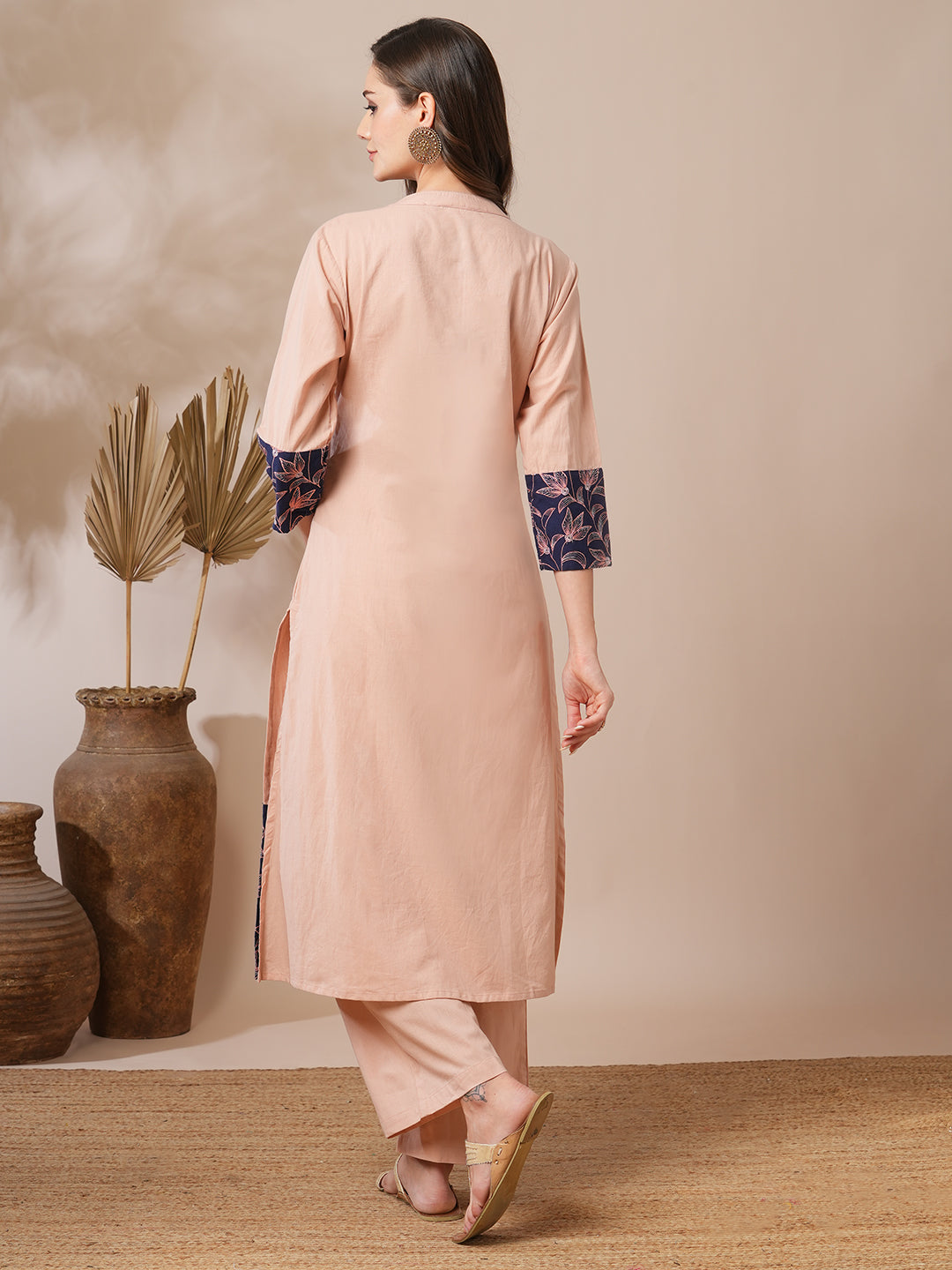 Solid Floral Printed A-Line Fit Co-ord Set - Peach