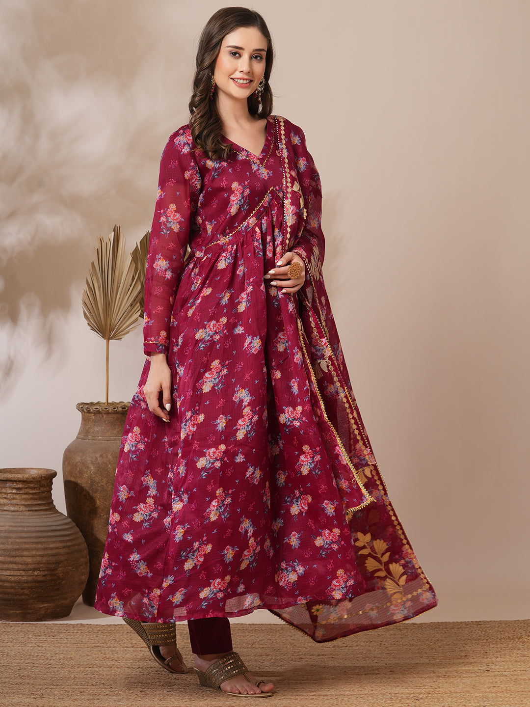 Floral Printed A-Line Pleated Kurta with Pant and Dupatta - Burgundy
