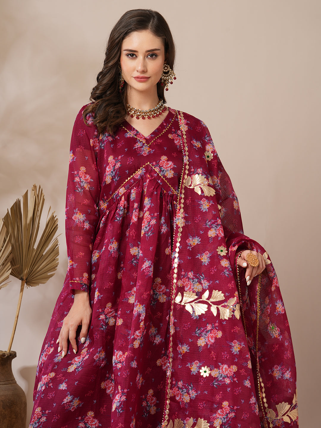 Floral Printed A-Line Pleated Kurta with Pant and Dupatta - Burgundy