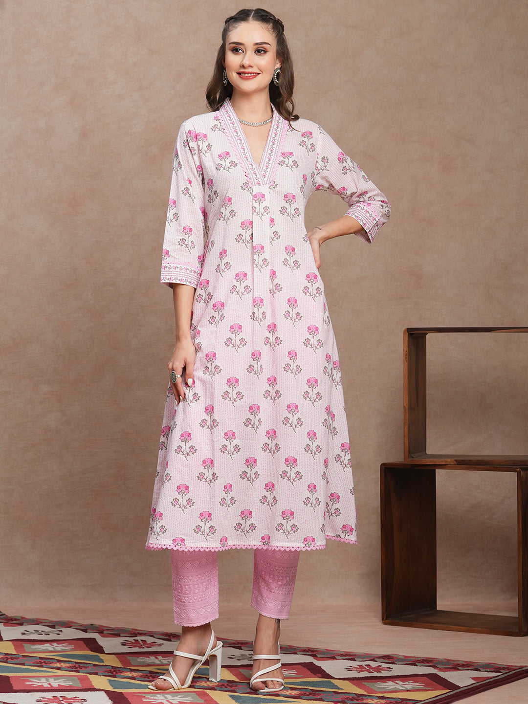 Ethnic Stripes & Floral Printed A-Line Flared Maxi Dress - White