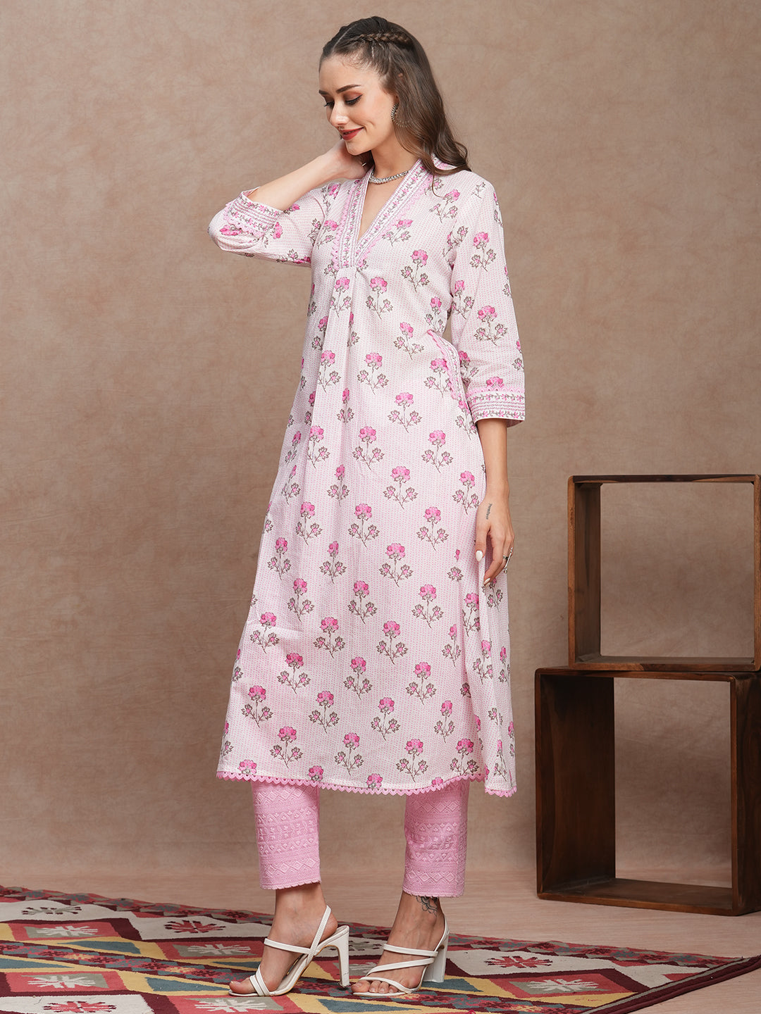 Ethnic Stripes & Floral Printed A-Line Flared Maxi Dress - White