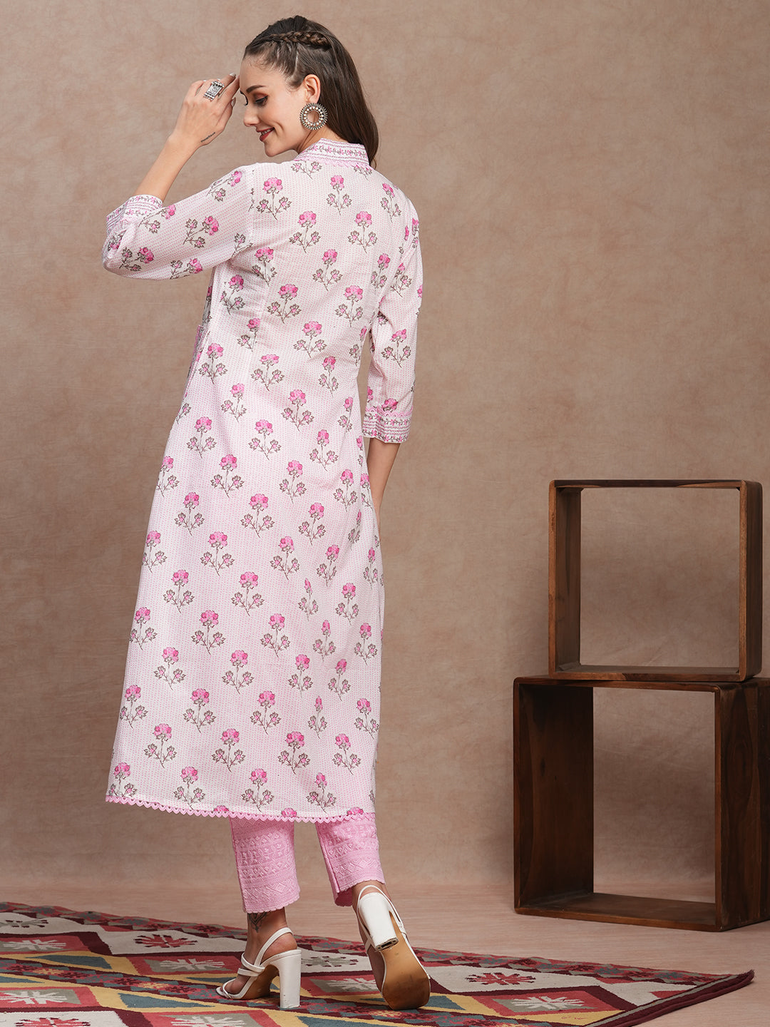 Ethnic Stripes & Floral Printed A-Line Flared Maxi Dress - White