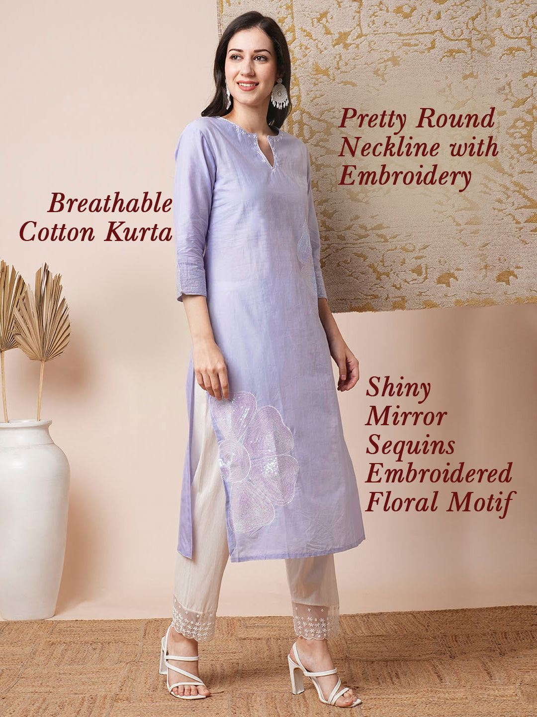 Floral Sequin Embroidered Straight Fit Kurta - Lavender