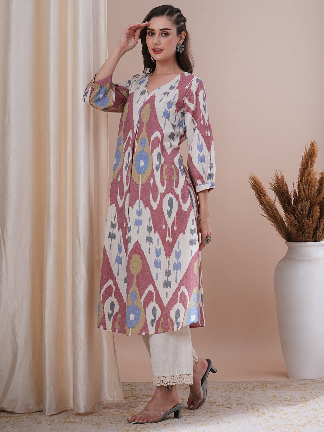 Ethnic Ikat Printed A-Line Pleated Kurta - Multi