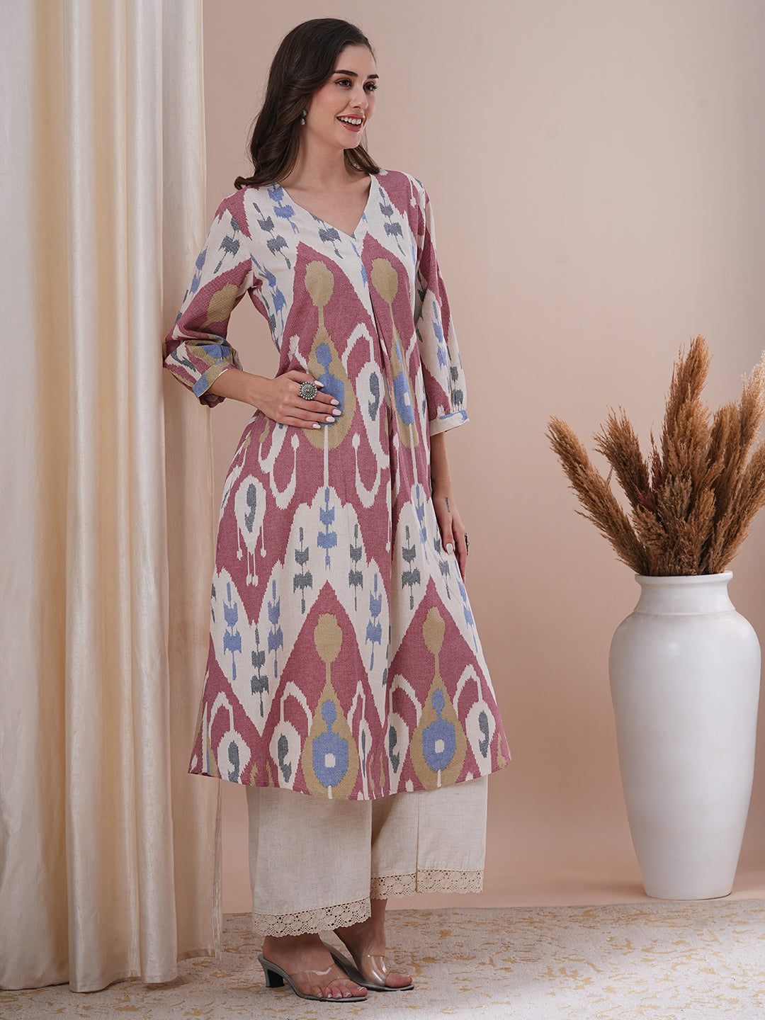 Ethnic Ikat Printed A-Line Pleated Kurta - Multi