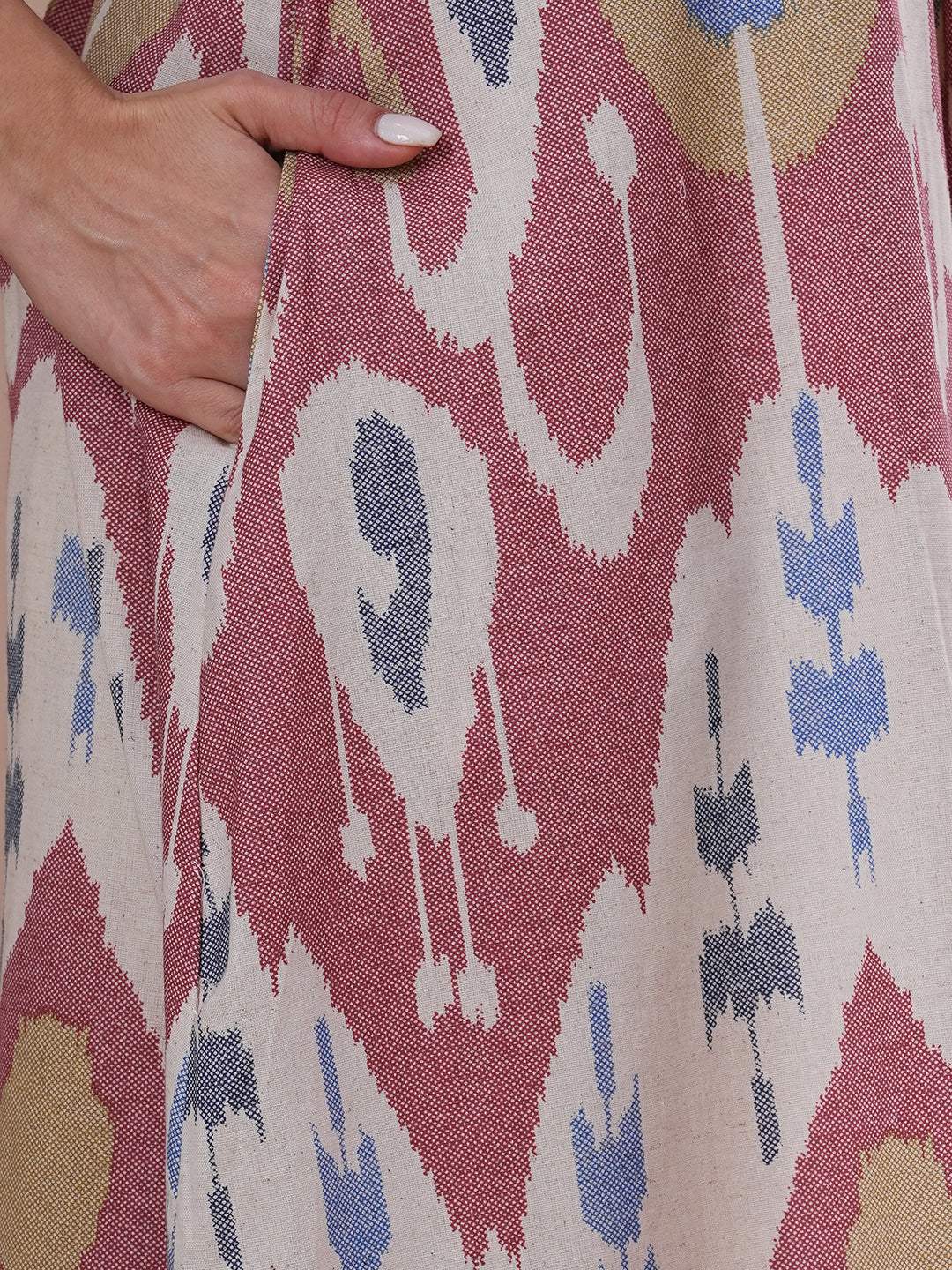 Ethnic Ikat Printed A-Line Pleated Kurta - Multi