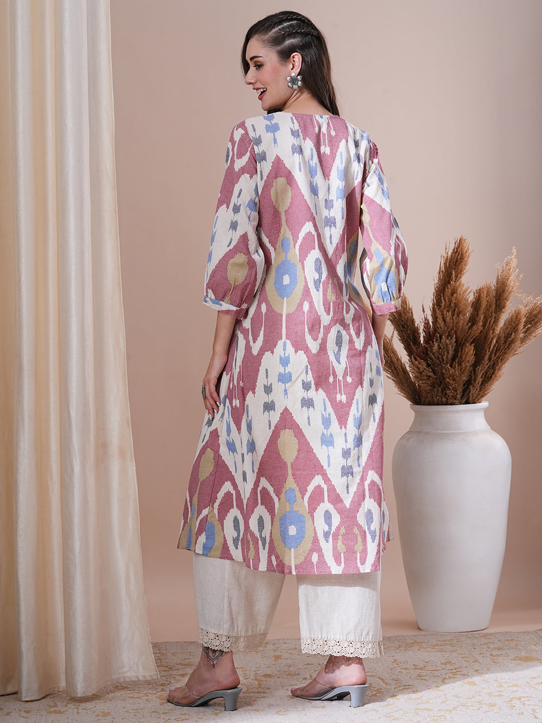 Ethnic Ikat Printed A-Line Pleated Kurta - Multi