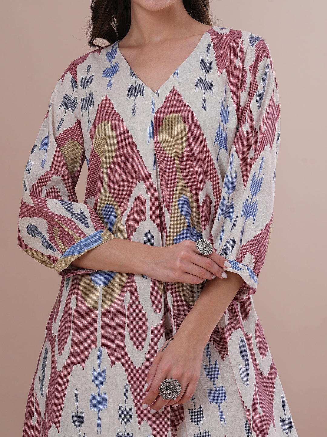 Ethnic Ikat Printed A-Line Pleated Kurta - Multi