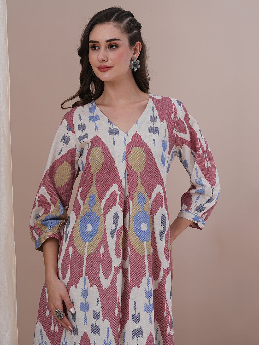 Ethnic Ikat Printed A-Line Pleated Kurta - Multi