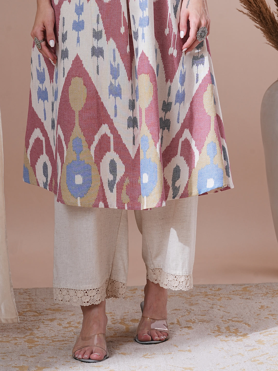 Ethnic Ikat Printed A-Line Pleated Kurta - Multi