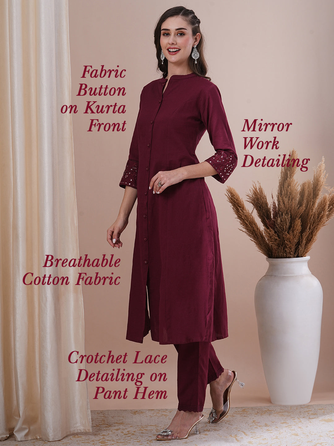 Solid Floral Embroidered A-Line Paneled Co-ord Set - Maroon