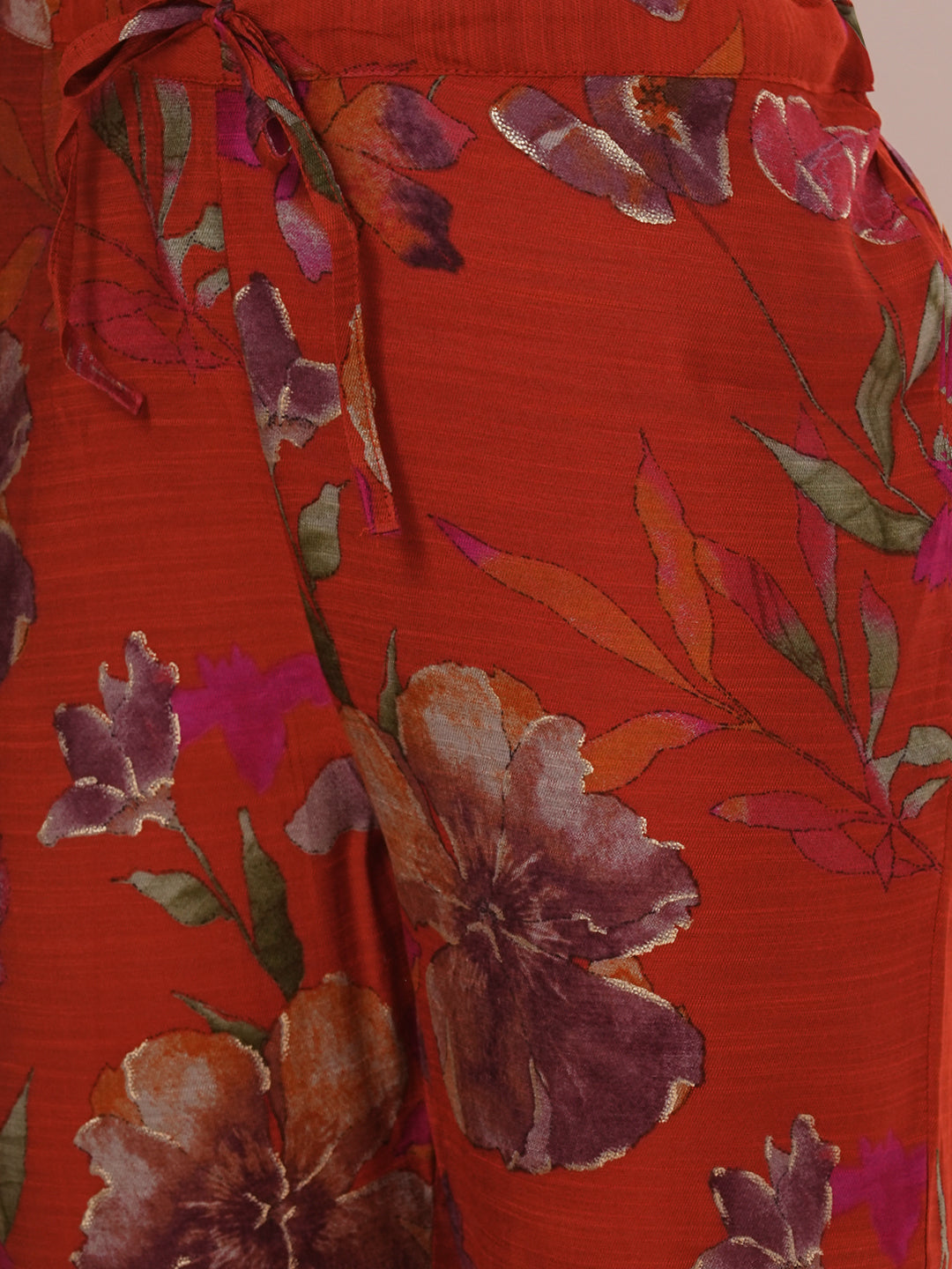 Floral Printed Embroidered Straight Fit Kurta with Pant - Rust