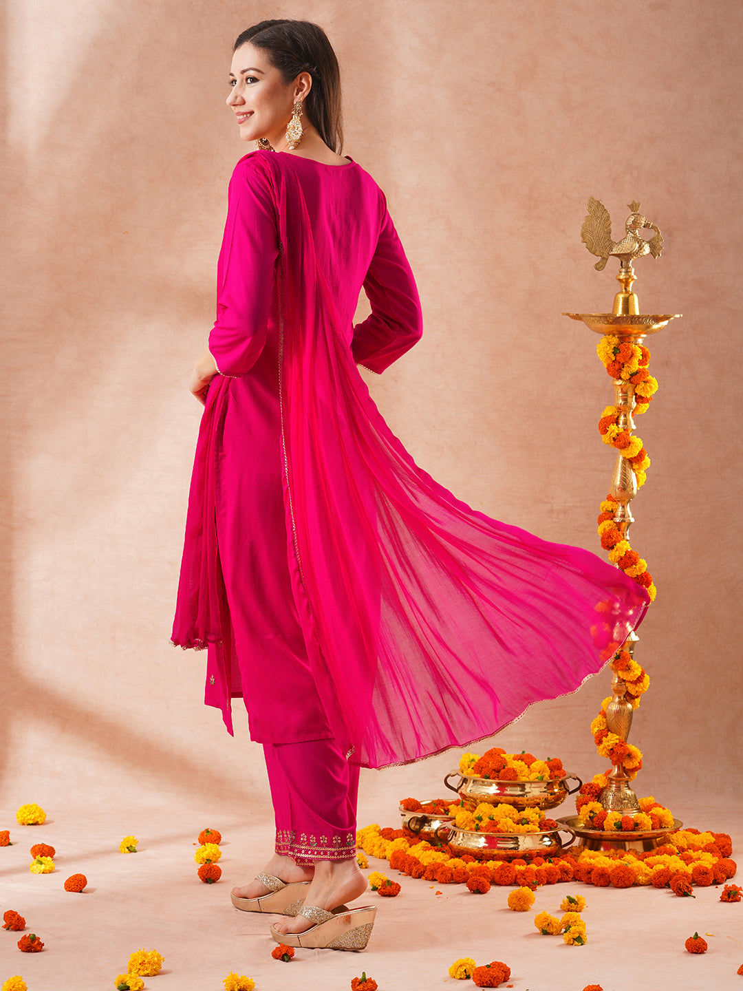 Solid Floral Embroidered Straight Fit Kurta with Palazzo & Dupatta - Pink