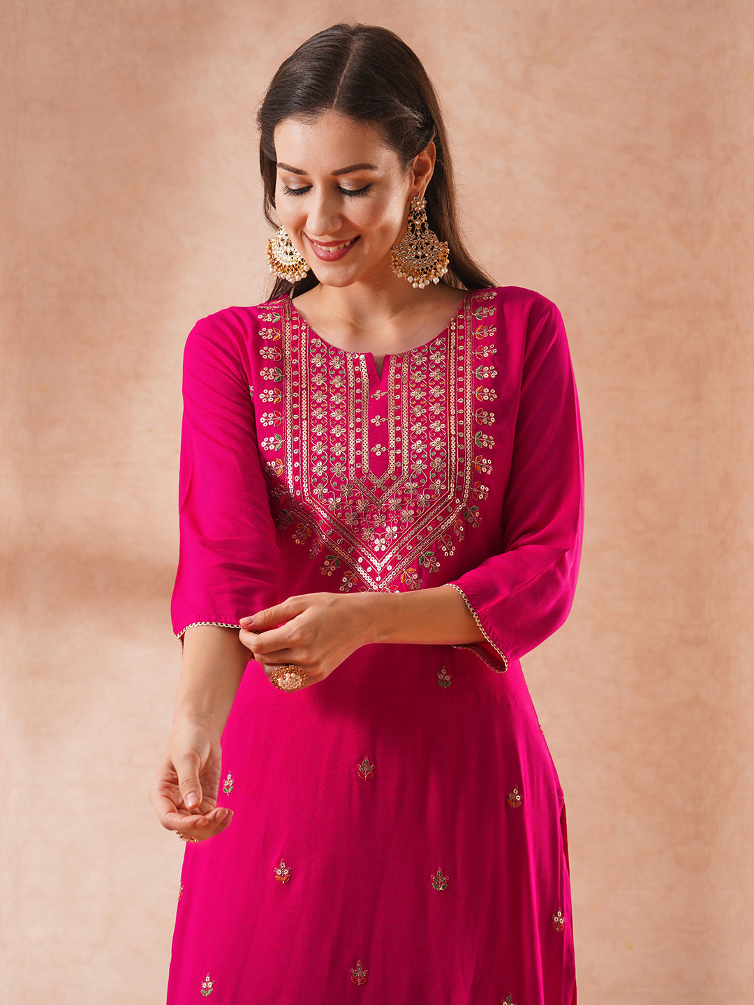 Solid Floral Embroidered Straight Fit Kurta with Palazzo & Dupatta - Pink