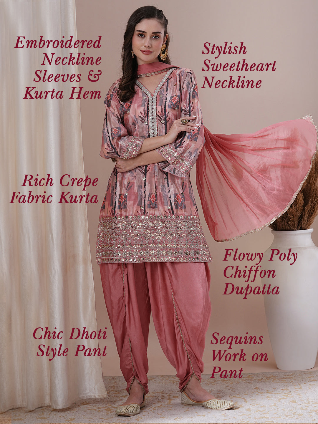 Floral Printed Embroidered Straight Fit Kurta with Dhoti Pant & Dupatta - Peach
