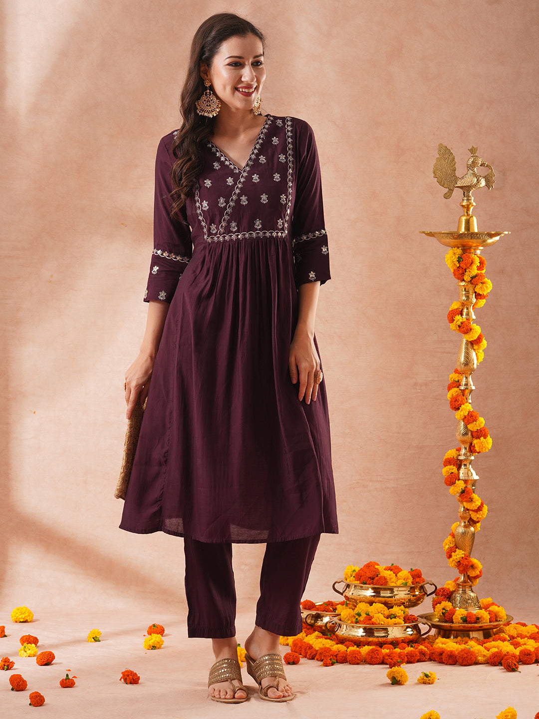 Solid Sequin Zari Embroidered A-Line Pleated Co-ord Set - Burgundy